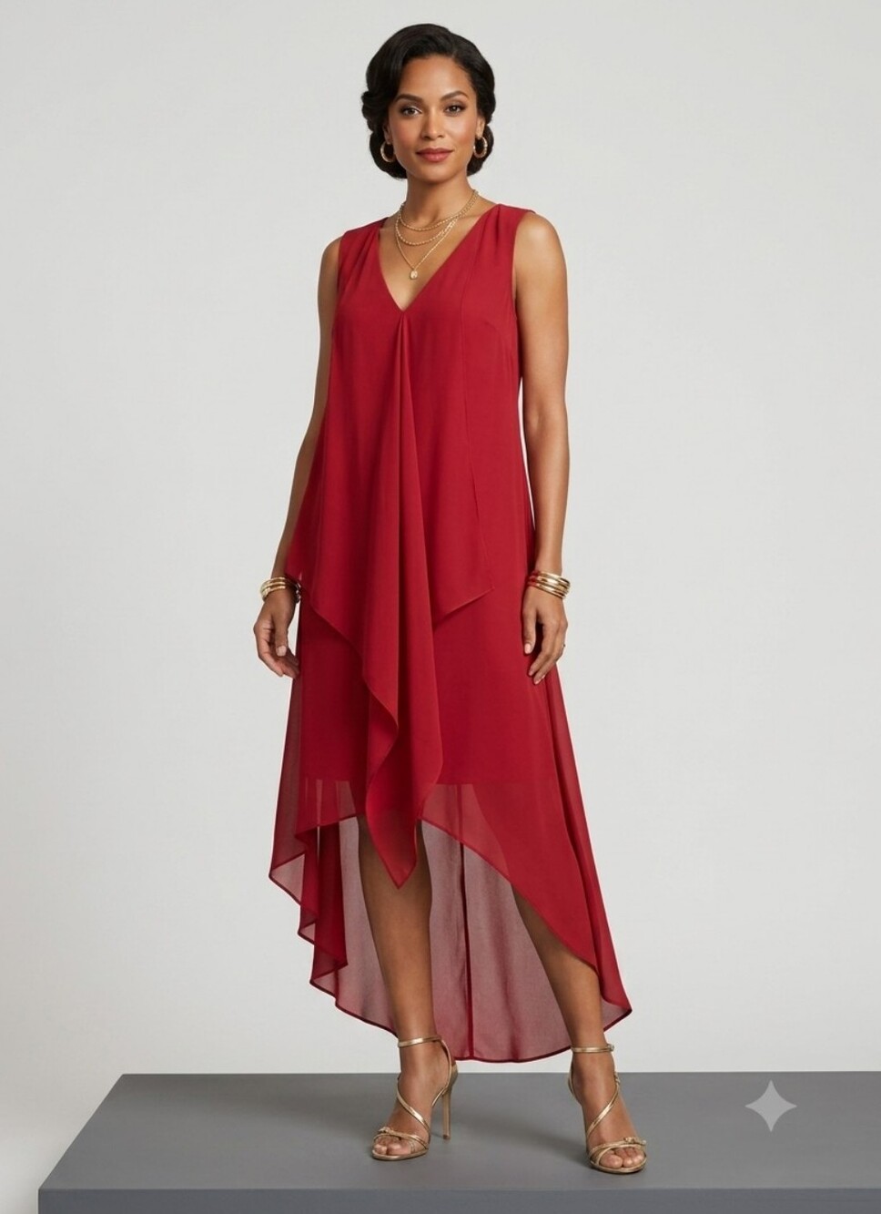 BCBGMaxAzria Red V-Neck High-Low Handkerchief Hem Dress